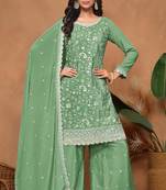 Pista green embroidery & sequins work with chinnon straight palazzo - free size stitching (size upto 42")