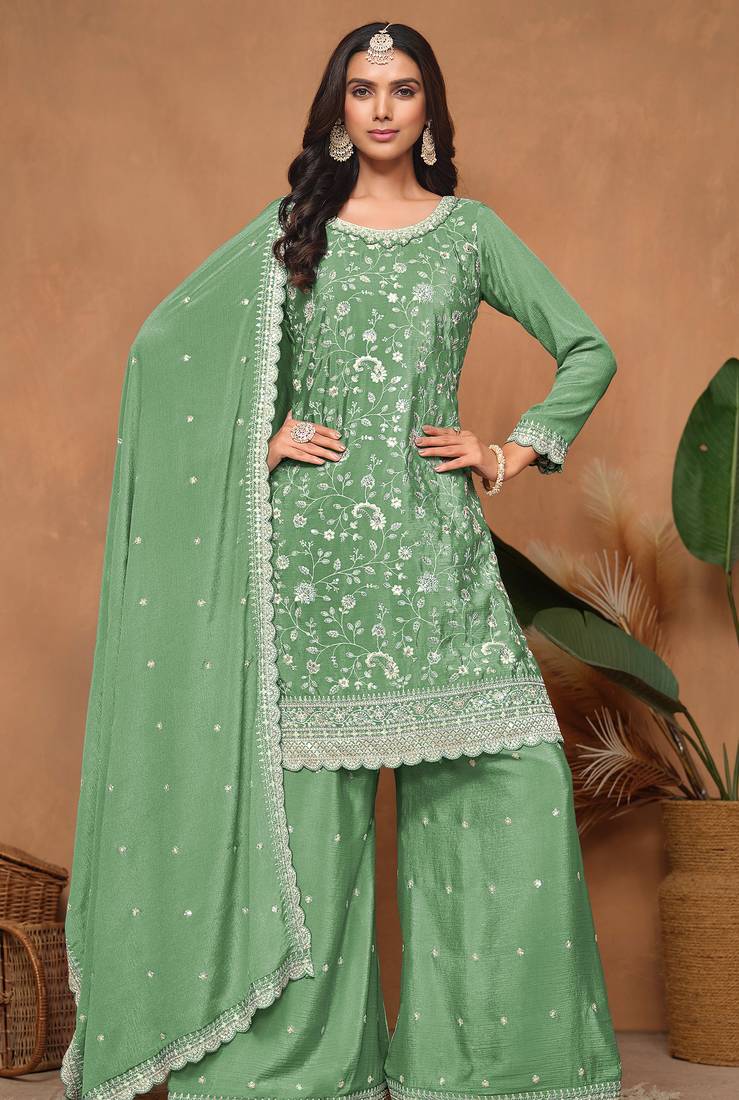 Pista green  embroidery & sequins  work with chinnon straight palazzo - free size stitching (size upto 42")