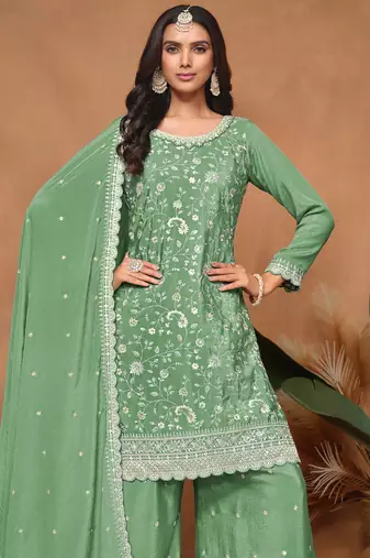 Pista green embroidery & sequins work with chinnon straight palazzo - free size stitching (size upto 42")