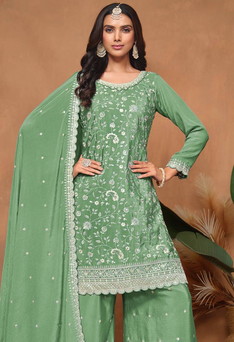 Pista green  embroidery & sequins  work with chinnon straight palazzo - free size stitching (size upto 42")