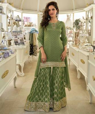 Green zari embroidery, sequins & embellished work viscose short top gharara, free size upto 42" 1