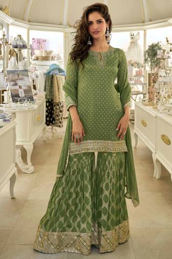 Green zari embroidery, sequins & embellished work viscose short top gharara, free size upto 42"