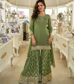 Green zari embroidery, sequins & embellished work viscose short top gharara, free size upto 42"