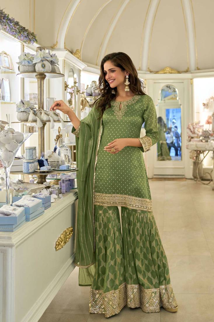 Green zari embroidery, sequins & embellished work viscose short top gharara, free size upto 42"