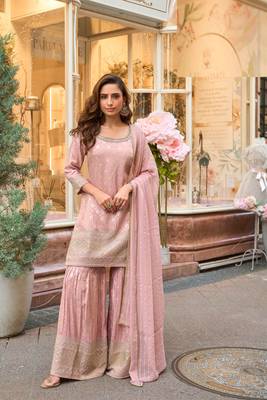 Pink zari embroidery, sequins & embellished work viscose short top gharara, free size upto 42" 1