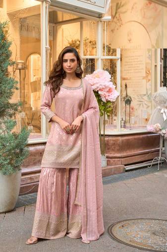 Pink zari embroidery, sequins & embellished work viscose short top gharara, free size upto 42"