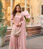 Pink zari embroidery, sequins & embellished work viscose short top gharara, free size upto 42"