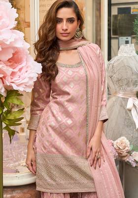 Pink zari embroidery, sequins & embellished work viscose short top gharara, free size upto 42" 2