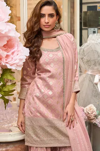 Pink zari embroidery, sequins & embellished work viscose short top gharara, free size upto 42"