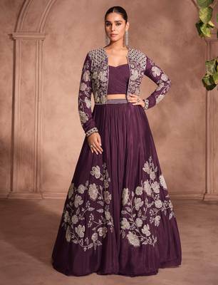Wine zari embroidery, beads & sequins chinnon silk lehenga with shrug, free size up to 42" 1