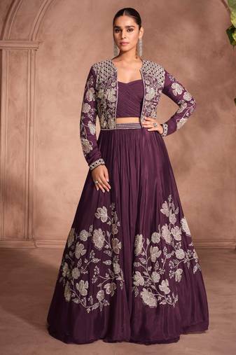 Wine zari embroidery, beads & sequins chinnon silk lehenga with shrug, free size up to 42"