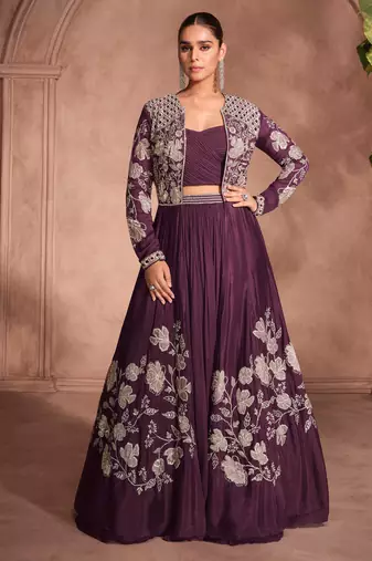 Wine zari embroidery, beads & sequins chinnon silk lehenga with shrug, free size up to 42"