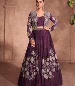 Wine zari embroidery, beads & sequins chinnon silk lehenga with shrug, free size up to 42"