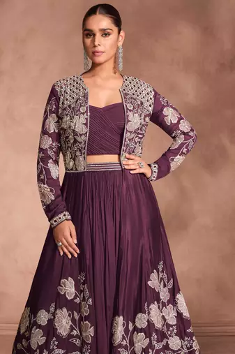Wine zari embroidery, beads & sequins chinnon silk lehenga with shrug, free size up to 42"