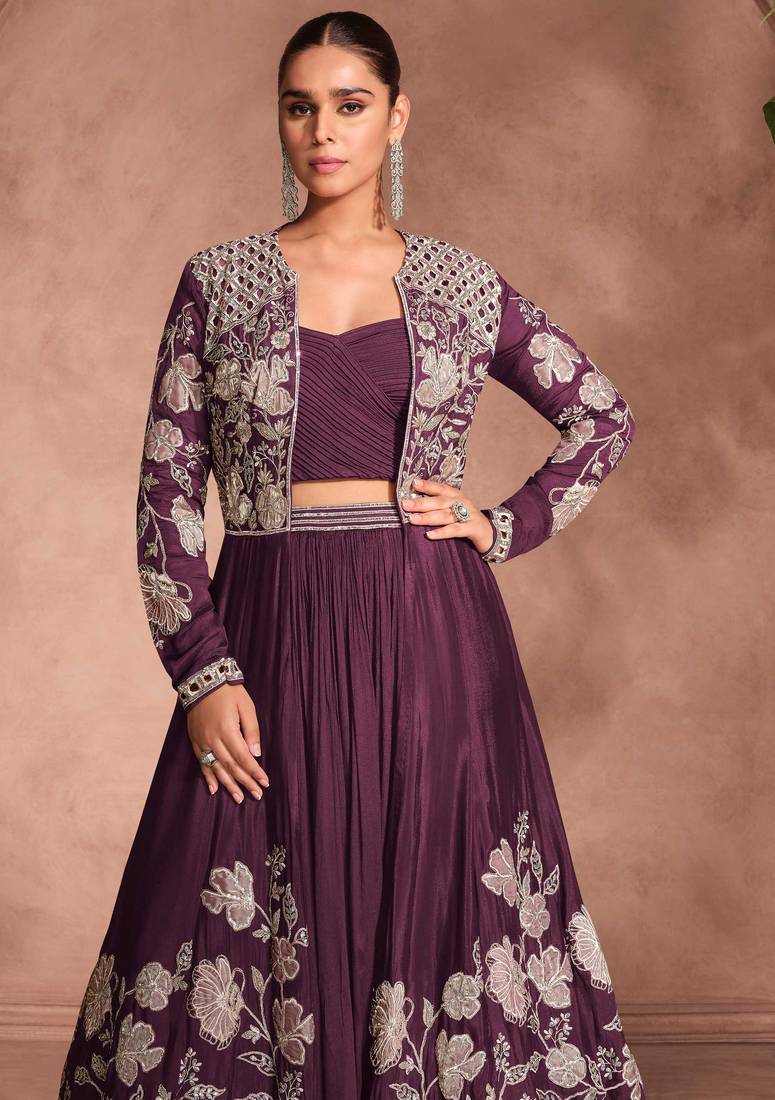Wine zari embroidery, beads & sequins chinnon silk lehenga with shrug, free size up to 42"
