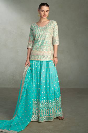 Blue zari embroidery, beads & sequins simar silk straight top with palazzo, free size up to 42"