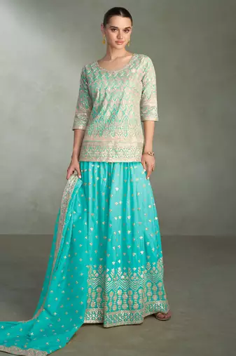 Blue zari embroidery, beads & sequins simar silk straight top with palazzo, free size up to 42"