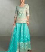 Blue zari embroidery, beads & sequins simar silk straight top with palazzo, free size up to 42"