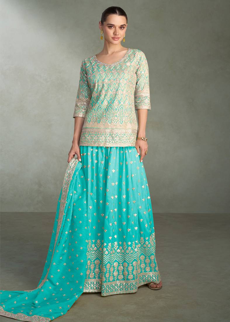 Blue zari embroidery, beads & sequins simar silk straight top with palazzo, free size up to 42"