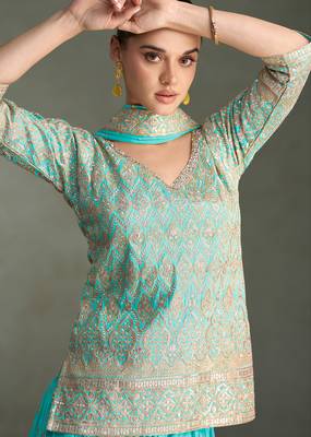 Blue zari embroidery, beads & sequins simar silk straight top with palazzo, free size up to 42" 2