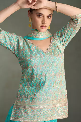 Blue zari embroidery, beads & sequins simar silk straight top with palazzo, free size up to 42"