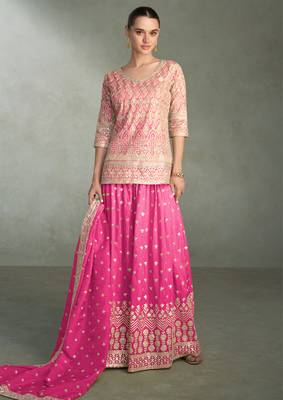 Pink zari embroidery, beads & sequins simar silk straight top with palazzo, free size up to 42" 1