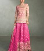 Pink zari embroidery, beads & sequins simar silk straight top with palazzo, free size up to 42"