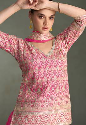 Pink zari embroidery, beads & sequins simar silk straight top with palazzo, free size up to 42" 2