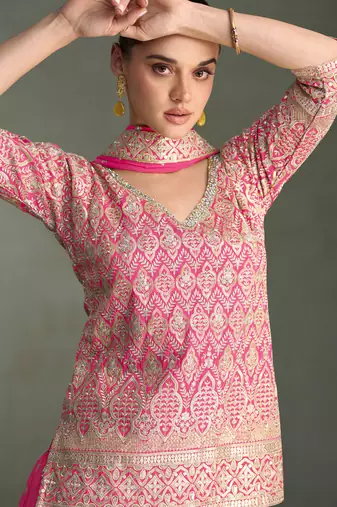 Pink zari embroidery, beads & sequins simar silk straight top with palazzo, free size up to 42"