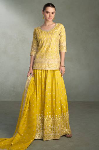 Yellow zari embroidery, beads & sequins simar silk straight top with palazzo, free size up to 42"