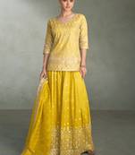 Yellow zari embroidery, beads & sequins simar silk straight top with palazzo, free size up to 42"