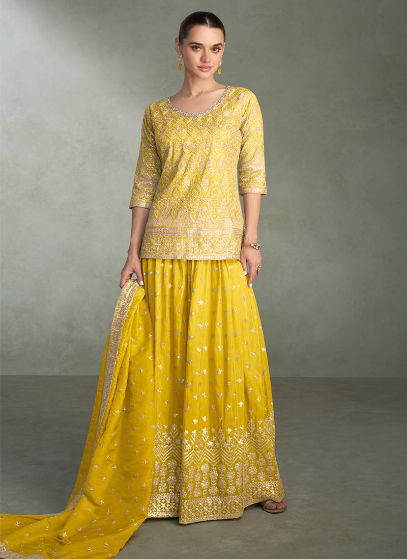 Yellow zari embroidery, beads & sequins simar silk straight top with palazzo, free size up to 42"