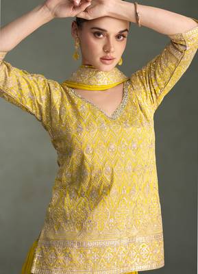 Yellow zari embroidery, beads & sequins simar silk straight top with palazzo, free size up to 42" 2