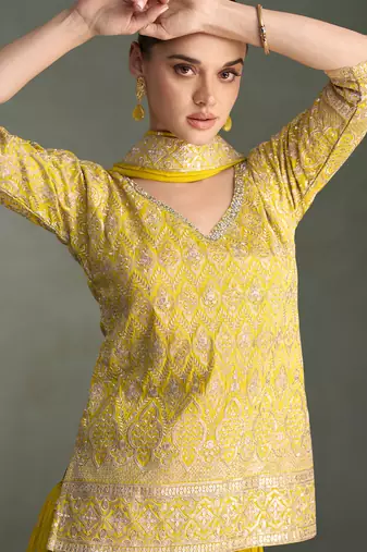 Yellow zari embroidery, beads & sequins simar silk straight top with palazzo, free size up to 42"