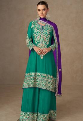 Turquoise blue zari, sequins, mirror & handwork chinnon silk anarkali with palazzo, free size 42" 1