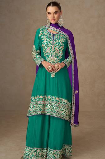 Turquoise blue zari, sequins, mirror & handwork chinnon silk anarkali with palazzo, free size 42"