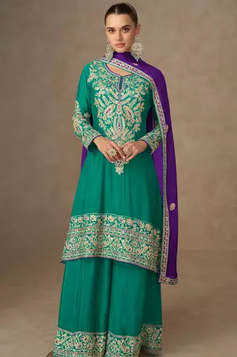 Turquoise blue zari, sequins, mirror & handwork chinnon silk anarkali with palazzo, free size 42"