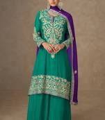 Turquoise blue zari, sequins, mirror & handwork chinnon silk anarkali with palazzo, free size 42"