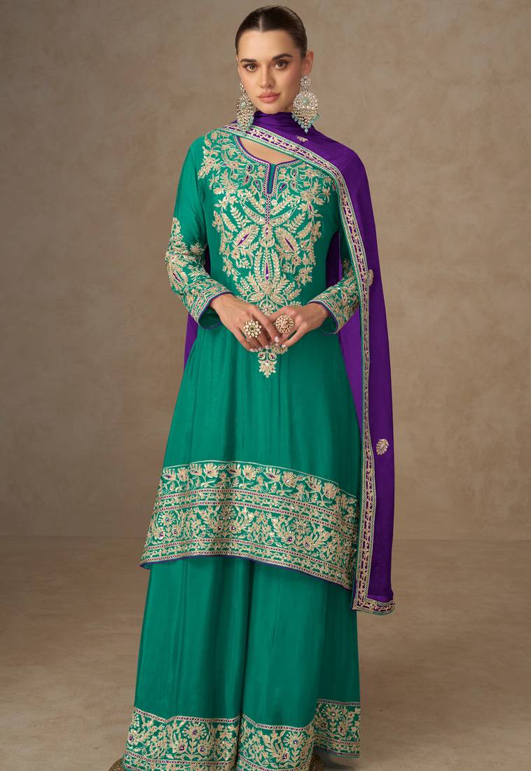Turquoise blue zari, sequins, mirror & handwork chinnon silk anarkali with palazzo, free size 42"