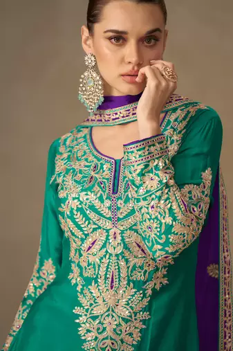 Turquoise blue zari, sequins, mirror & handwork chinnon silk anarkali with palazzo, free size 42"
