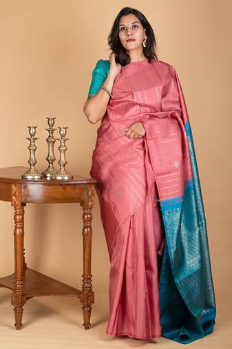 Peachish pink silk saree with silk mark certified