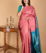 Peachish pink silk saree with silk mark certified
