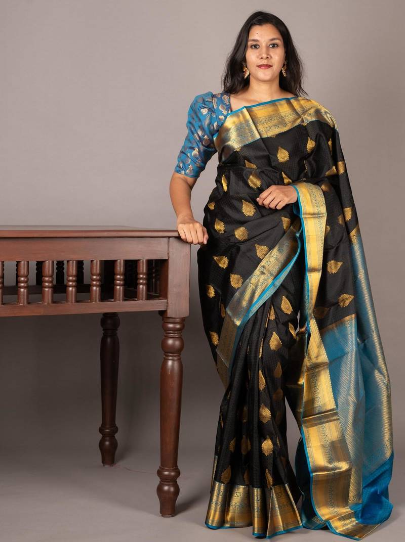 Black kanjivaram saree with silk mark certified