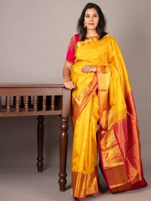 Yellow and pink pattu saree with silk mark certified 1