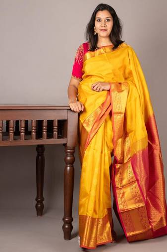 Yellow and pink pattu saree with silk mark certified