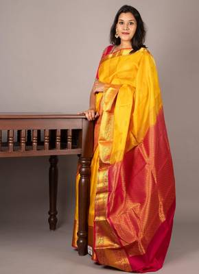 Yellow and pink pattu saree with silk mark certified 3