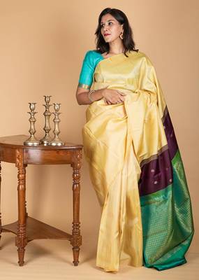 Off white traditional kanchipuram silk saree with silk mark certified 1