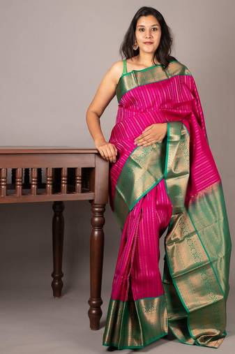 Pink and green korvai weave silk saree with silk mark certified