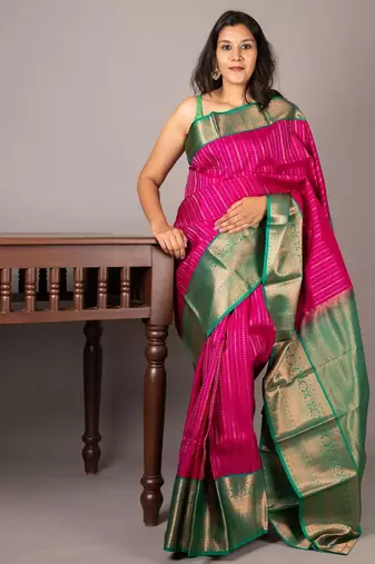 Pink and green korvai weave silk saree with silk mark certified