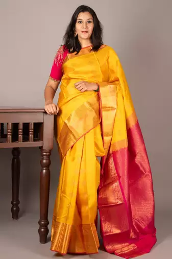 Yellow and pink kanchivaram saree with silk mark certified